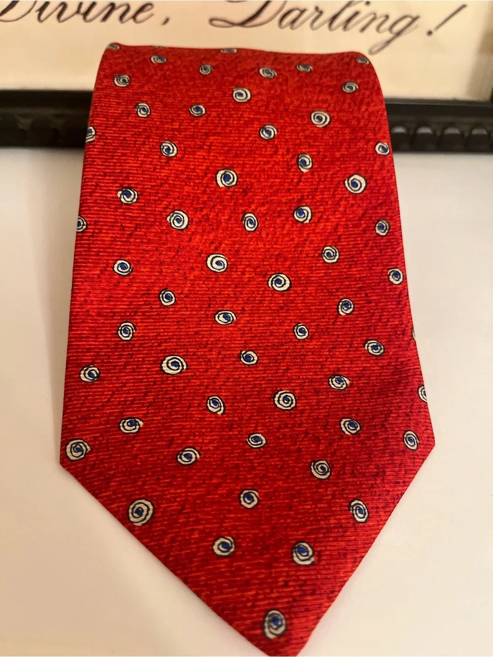 BVLGARI Red Silk Tie with Blue and Ivory Dot Motif - Made in Italy - 3.75” Width